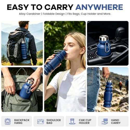 Nefeeko Collapsible Water Bottle, Reuseable BPA Free Silicone Water Bottles - color: Navy Blue-18oz