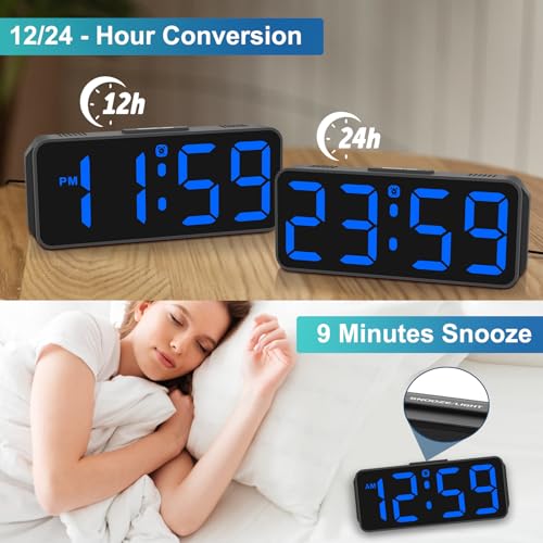 Peakeep Small Digital Alarm Clock for Bedroom, Large Number, Battery Backup - color: Blue Digits (Plug-in, Ultra-compact)