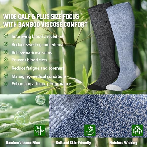 LEVSOX Bamboo Viscose Wide Calf Compression Socks 20-30 mmHg with Cushioned - color: Navy/Grey, size: Medium
