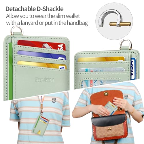 Slim Minimalist Front Pocket Wallet, RFID Blocking Credit Card Holder Wallet with Integrated D-Shackle for Men Women - color: Cowhide Matcha Green