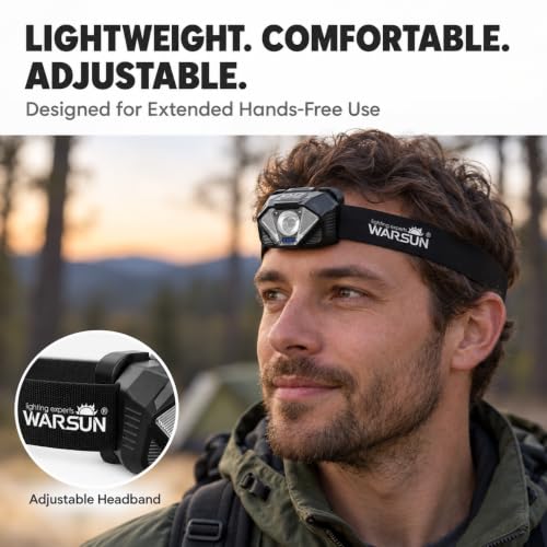 WARSUN Rechargeable Headlamp, Adjustable LED Head Light with Motion Sensor