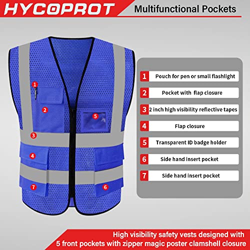 HYCOPROT High Visibility Mesh Safety Reflective Vest with Pockets and Zipper, Meets ANSI/ISEA Standards - color: Blue, size: Large