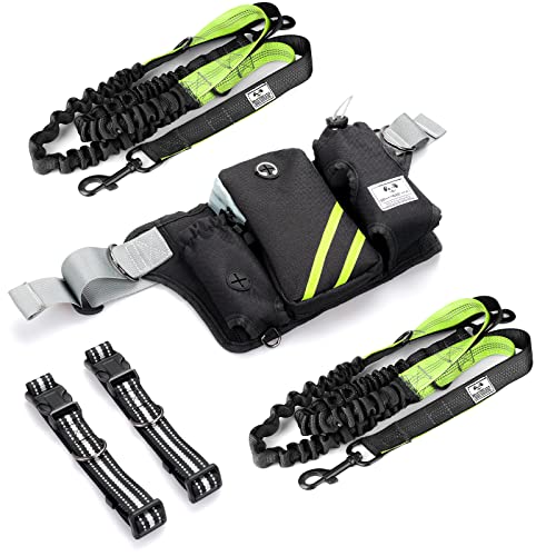 SHINE HAI Retractable Hands Free Dog Leash with Dual Bungees for 2 Dogs, Adjustable Waist Belt, Reflective Stitching Leash for Running Walking Hiking Jogging Biking Black - Green1 - color: Green/Black