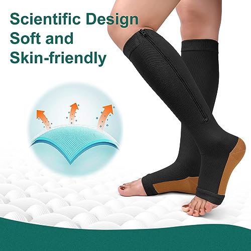 CTHH Zipper Compression Socks for Women and Men Toeless Knee High Stocking - color: Black/Yellow, size: Small-Medium