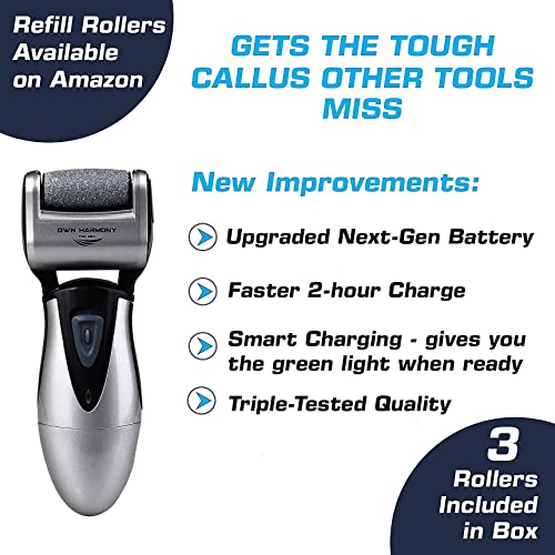 Own Harmony Electric Feet Callus Remover and 6 Rollers Bundle: Rechargeable Foot Scrubber Mens Pedicure Tools Kit, Professional Electronic Foot Care File, Best for Hard Cracked Dead Skin & Pedi Spa