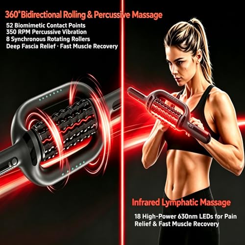 Rolling Percussive Deep Tissue Massage Roller Stick with Hands-Free Base, Electric Rolling Massager with 6-Speed Massager for Muscle Recovery & Lymphatic Circulation for Back,Arm,Leg & Foot Massage
