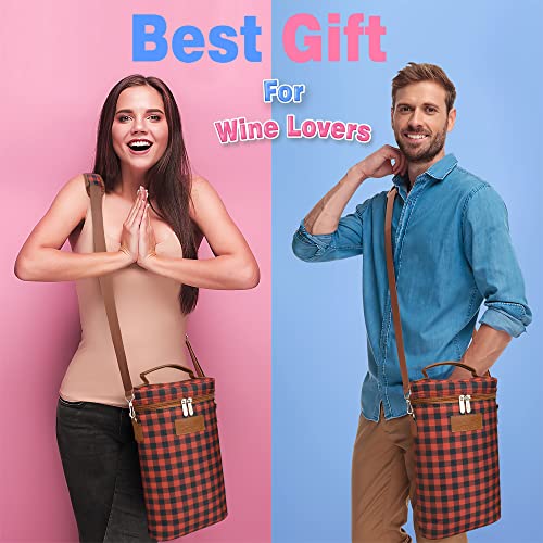 Tirrinia 2 Bottle Insulated Wine Tote Carrier Bag - color: Red Checker, size: 2 Bottle-without front pocket