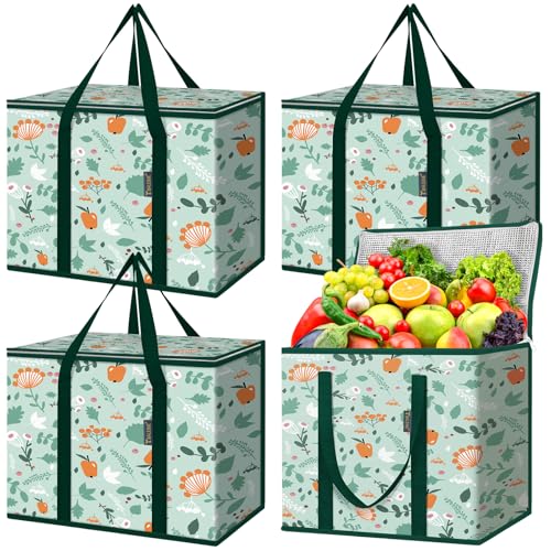 BALEINE Insulated Reusable Grocery Bags with Zippered Top, Large Cooler Bag - color: Spring Stroll, size: 4 Pack