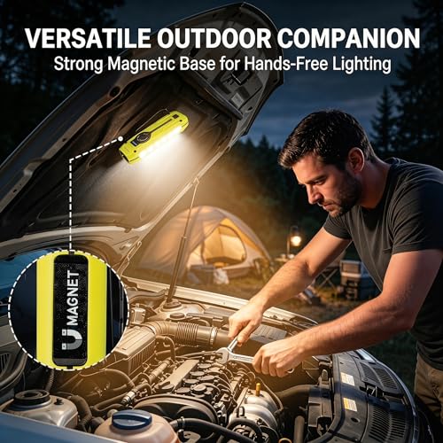 HAUSBELL Flat EDC Flashlight 1800LM Turbo, 0.6" Ultra-Slim Pocket Light with Stepless Dimming Dial, Magnetic Base, 365nm UV & Red Laser, Side-COB Flood, USB-C Fast Charge, IP44 Weatherproof - color: Yellow