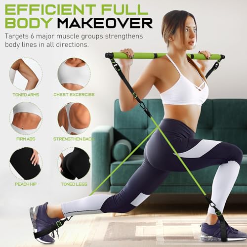 Pilates Bar Kit with Resistance Bands, Pilates Workout Equipment for Women - color: Green