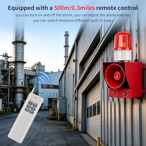 0.31mile Wireless Remote Control Siren Adjustable Volume Tone Waterproof 130dB Horn Security Alarm Systerm with LED Strobe Light AC110-120V