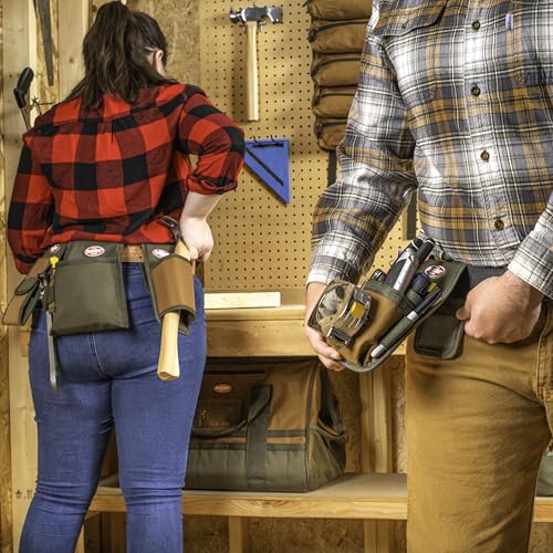 Bucket Boss Four-Barrel Tool Sheath with FlapFit to Fit Instantly Over a Belt or Into a Pants Pocket, with 5 Tool Pockets and 2 Loops, and Metal Tape Clip, in Brown, 54184