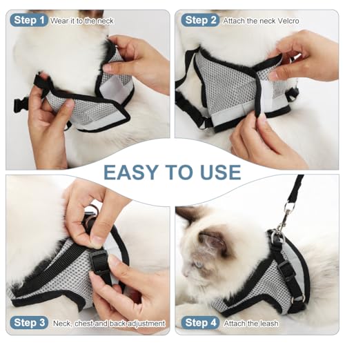 Cat Harness and Leash Escape Proof, Adjustable Kitten Harness and Leash Set for Cats Walking, Step-in Soft Breathable Mesh Vest with Reflective Strips, Lightweight Retractable Dog Leashes 16 Ft - color: Gray Black Harness+Leash, size: Harness-M