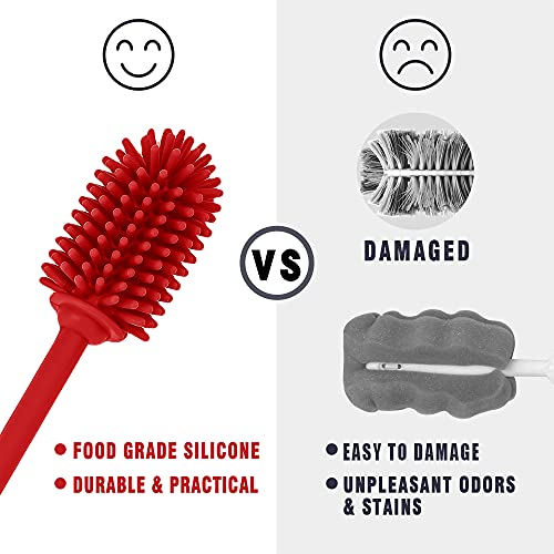 Silicone Bottle Cleaning Brush with Long Handle, BPA Free 12.5" Water Bottle Cleaner for Baby Bottles, Hydro Flask, Sports Bottle, Vase, Glassware, Perfect for Smaller Diameter Bottle Openings (Red) - color: Red