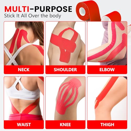 5 Rolls Red Kinesiology Tape, 2 inch x 16.4 Feet Kinetic Tape - color: Red