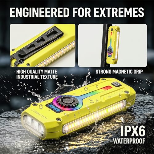 HAUSBELL Flat EDC Flashlight 1800LM Turbo, 0.6" Ultra-Slim Pocket Light with Stepless Dimming Dial, Magnetic Base, 365nm UV & Red Laser, Side-COB Flood, USB-C Fast Charge, IP44 Weatherproof - color: Yellow