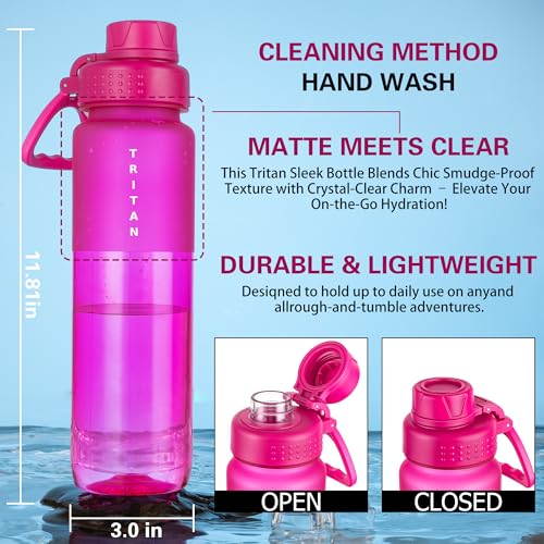 OLDLEY 32 oz Water Bottle with Handle, BPA-Free Tritan Reusable Sports Water Bottle with Leak-Proof Dust Lid, Wide Mouth, Cup Holder Friendly, Half Frosted Clear Bottle for Gym, Travel, Work,Hot Pink - color: Hot Pink