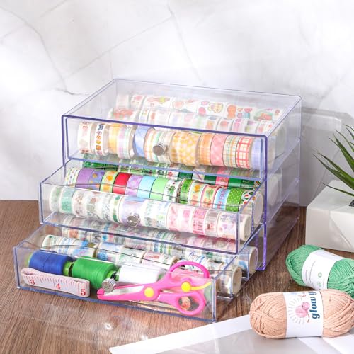 Wonderjune 1 Pack 3 Drawer Clear Washi Tape Organizer Acrylic Storage Box