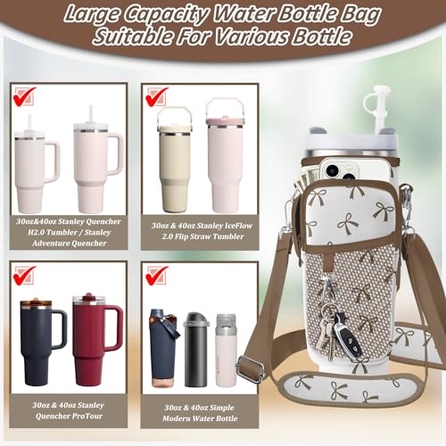 Water Bottle Carrier Bag for Stanley 40/30oz Cup Tumbler with Phone Pocket,Insulated Crossbody Water Bottle Holder with Adjustable Strap,Water Bottle Sling Pouch for Hiking Walking Camping Accessories - color: Brown Bow Tie