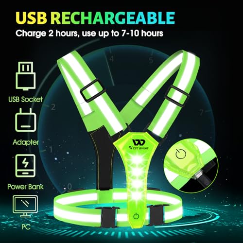 West Biking Running Reflective Vest, Light Up Vest for Night Walking, Night-Workers,Rechargeable Night Gear for Runners - color: Green