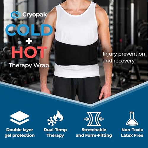 Cryopak Cold and Hot Therapy Wrap, Black, Latex-Free, Non-Toxic, for Back, Abdomen, Hip, Sports Injury Prevention, Recovery (Back/Abdomen). kit Includes Flexible Gel Compress, Sleeve and Strap. - size: back/abdomen