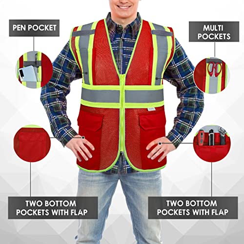 High Visibility Reflective Safety Vest with Zipper and Pockets Red,M - color: Red, size: Medium