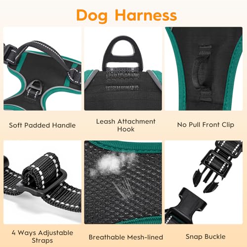 No Pull Dog Harness, No-Choke Soft Padded Reflective Dog Vest Harness with Front Clip & Top Handle, 2 Quick-Release Buckles, Adjustable for Small Medium Large Dogs - color: Black/Turquoise, size: X-Small