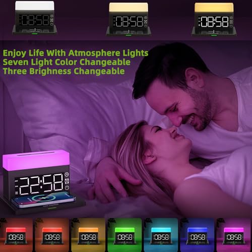 IHAO 6in1 Smart Alarm Clock with Wireless Charger RGB Mood Light 15W Fast Wireless Charging for All Qi Phone TWS Headphone Compliant with i-Watch 7 Color Night Light Large Digital Display-White - color: Multifunctional Alarm Clock White