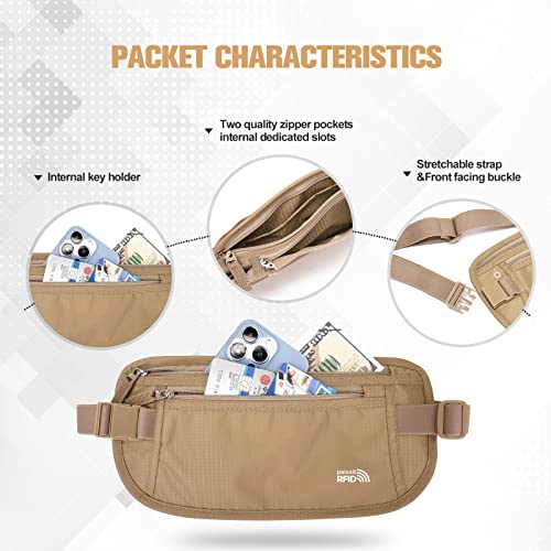 Unisex Money Belt with RFID Blocking Sleeves, Slim Passport Holder RFID Blocking Travel Essentials, Waist Pouch to Protect Cash, Beige & 6 Sleeves - color: Beige & 6 Sleeves, size: Medium