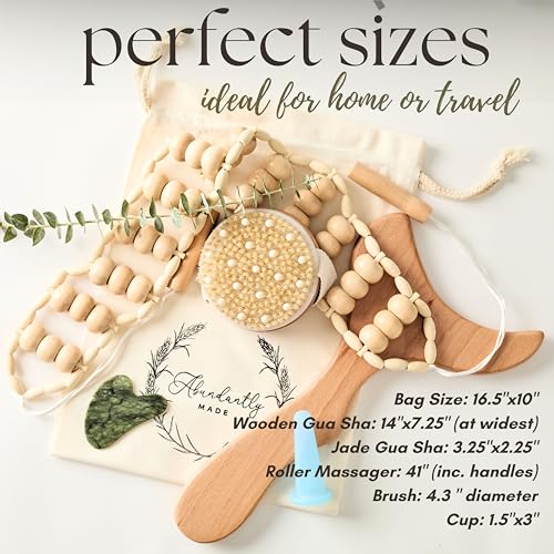 Abundantly Made 6-Piece Lymphatic Drainage Massage Kit | Dry Brush, Wooden Paddle, Rope Roller, Jade Gua Sha, Silicone Cup, Linen Bag & E-Book | Wood Therapy, Maderoterapia & Body Sculpting Tools