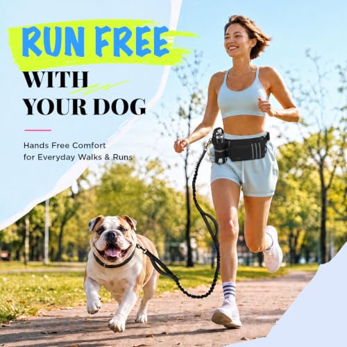 Hands Free Running Dog Leash with Storage Waist Belt, Shock-Absorbing Bungee Lead, Water Bottle Holder & Dual Handles for Walking, Hiking & Training Medium Large Dogs