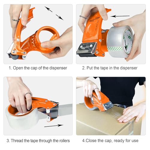 BOMEI PACK Metal Packing Tape Dispenser, 2inch Heavy Duty Handheld Heavy Tape Dispenser, 2Pcs, Orange