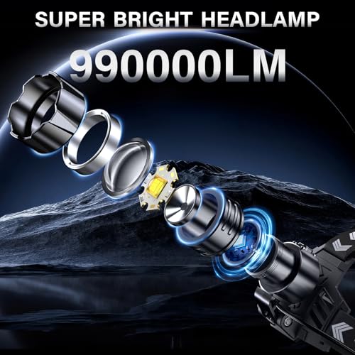 FINICO Rechargeable LED Headlamp 99000 High Lumens,95 Hours Long Lasting - size: 2 Pack