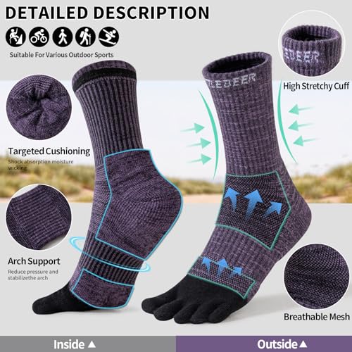 Merino Wool Toe Socks,Hiking Running Crew Socks for Women Men - color: Blue, size: Large