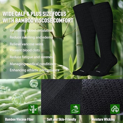 LEVSOX Bamboo Viscose Wide Calf Compression Socks 20-30 mmHg with Cushioned - color: Black, size: Medium