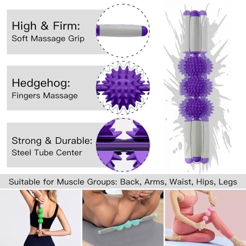 Fascia Muscle Roller, Cellulite Massager Fascia Roller for Cellulite and Sore Muscles, Neck, Leg, Back, Pressure Trigger Point Body Roller Deep Tissue Massage Stick Tools - 3 Massage Balls - color: Lavender Purple
