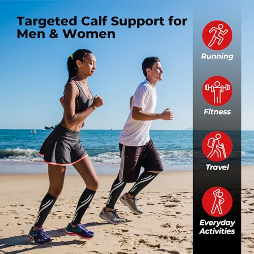 Calf Compression Sleeves for Men & Women (1 Pair), Footless Compression Socks for Leg Support, Shin Splints, Running, Fitness, Travel, Breathable Nylon & Spandex Calf Sleeves, Black - size: L/XL (Calf Circumference 12.2″-15.7")