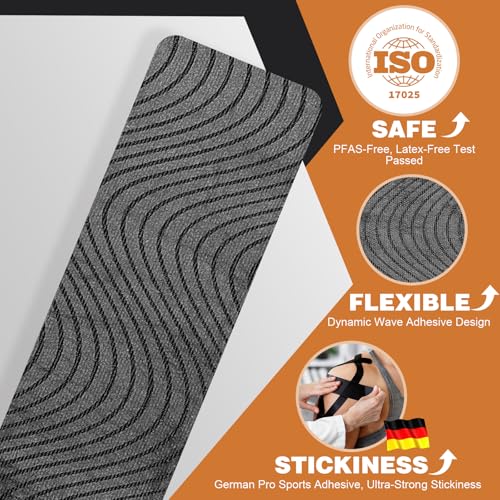 TEAWO Kinesiology Tape 2 Rolls (2in X 16.4Ft) – Waterproof, Hypoallergenic, Latex-Free Athletic Tape, Muscle & Joint Support for Sports Recovery (Beige & Black with Bonus Specialized Scissors)