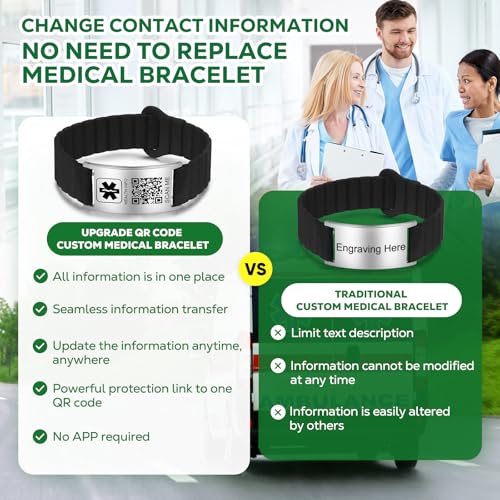 Medical Bracelets for Men Women with QR Code Medical Alert ID Bracelets - color: Agate Black Silver