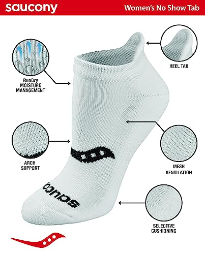 Saucony Women's RunDry Performance Heel Tab Athletic Socks, Available in S-L (8, 16, 24 Pairs) - color: Basic White (8 Pairs), size: Small