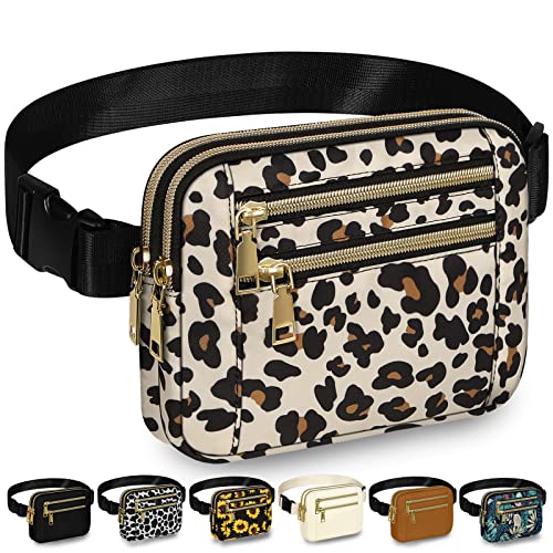 Capolo Fanny Packs for Women 4 Zip Pocket Crossbody Belt Bag Waist Bags - color: Leopard, size: Medium