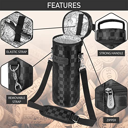 opux Single Bottle Wine Bag Carrier, Insulated Cooler Tote, Black Squares - color: Black Square