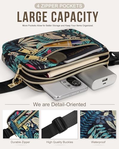 Capolo Fanny Packs for Women 4 Zip Pocket Crossbody Belt Bag Waist Bags - color: Blue Leaves, size: Large