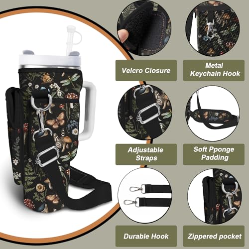 Water Bottle Carrier Bag for Stanley Cup 40/30oz, Neoprene Water Bottle Holder Pouch with 3 Pocket Adjustable Shoulder & Hand Strap - color: Retro Forest Mushroom