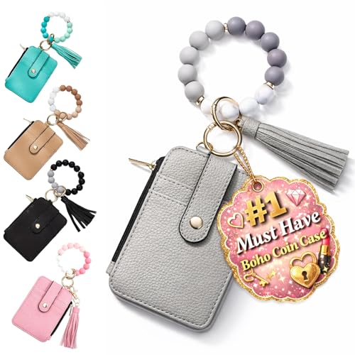 KASAK Wristlet Wallet for Women Small Black Wallets with Keychain Boho Beaded Tassel Wallet for Credit Card Wristlet Purse - color: Gray