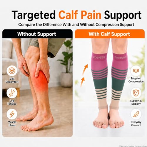 Doc Miller Calf Compression Sleeve for Men & Women – 20–30 mmHg Graduated Compression, Footless Compression Socks Alternative for Running, Shin Splints, Swelling, Varicose Veins –Calf Support, 1 Pair