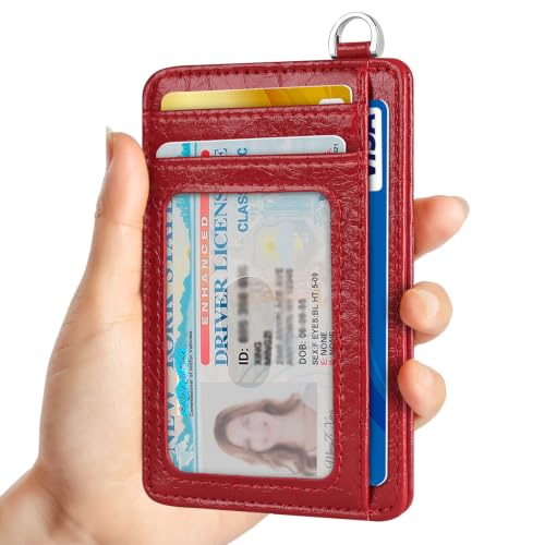 Slim Minimalist Front Pocket Wallet, RFID Blocking Credit Card Holder Wallet with Integrated D-Shackle for Men Women - color: Glossy Red
