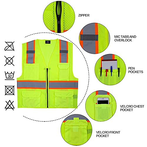VENDACE Hi Vis Safety Reflective Mesh Vest for Men ANSI Class 2 High Visibility Vest with 8 Pockets and Zipper - color: Yellow, size: X-Large
