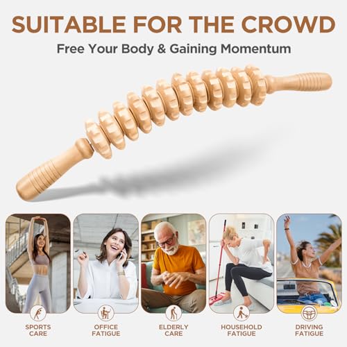 Wooden Cellulite Massage Roller for Legs and Thighs - Handheld Fascia Blaster Tool for Muscle Relief, Lymphatic Drainage & Body Sculpting - Anti Cellulite Massager for Women and Men (12 Wheel)