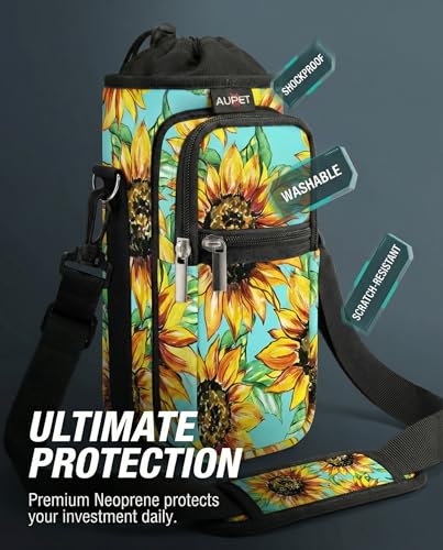 AUPET Water Bottle Sling Bag Sleeve Holder Carrier 25/32/40/64 oz,Insulated Crossbody Water Bottle Case Cover with Strap and Pockets for Men/Women Walking Hiking - color: Sunflower Green background, size: 25oz